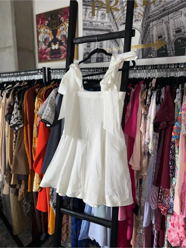 Dissh Aisle White Linen Bow Strap Mini Dress 100% Linen US 6 EUC - Image 13