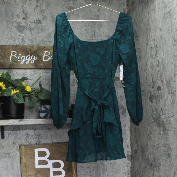 NWT Trixxi Tie-Waist Ruffled Jacquard Dress Belted 26EB4278FI Hunter Green S - Image 5