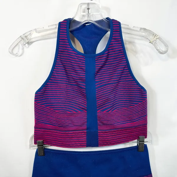 Fabletics Medium Workout Set Pink Blue Seamless Sports‎ Bra Bike Shorts 1597 - Image 8