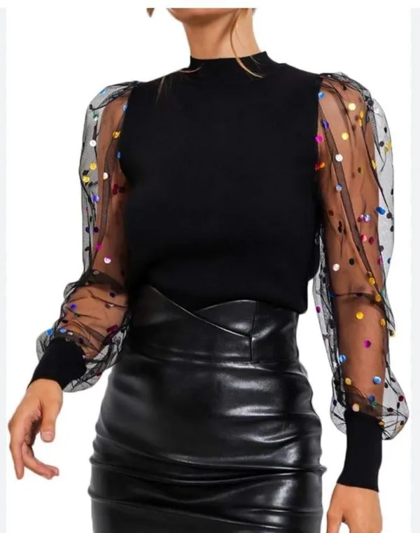 - New puff sleeves statement top sheer sleeves polka dot print bodysuit L - Image 11