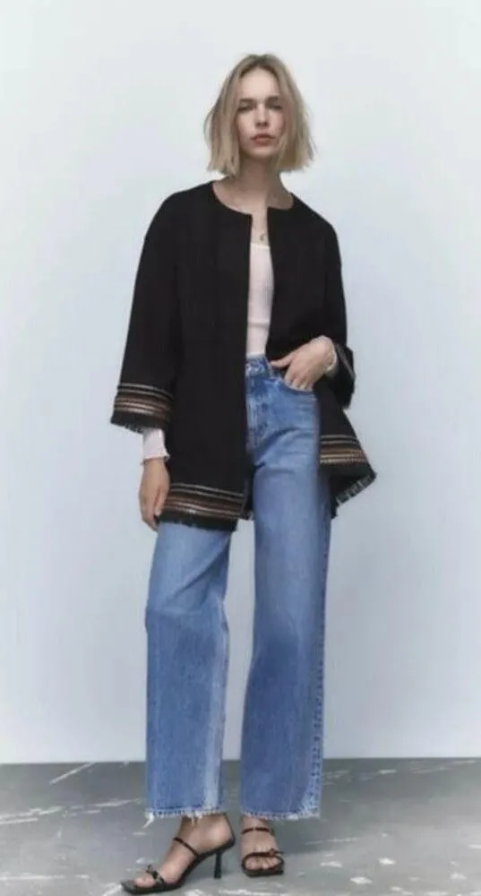 ZARA Women's L Combination Faux Suede Embroidered Jacket Boho Western Black - Image 15