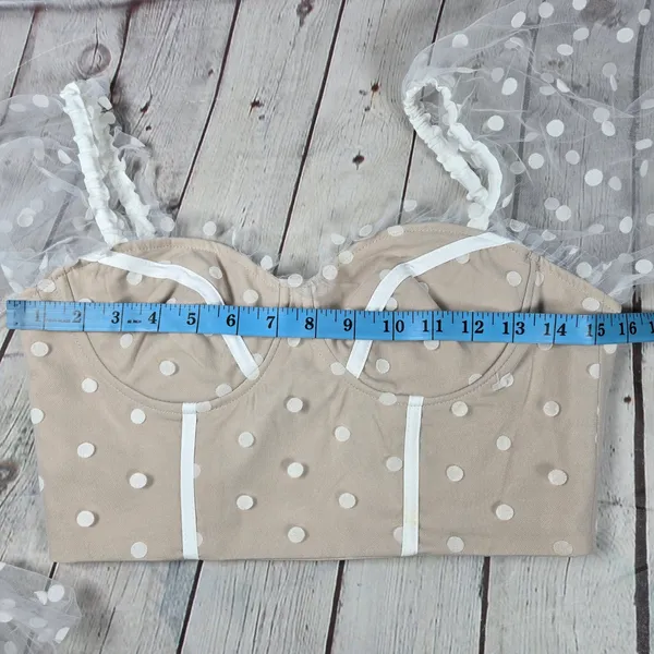 Hello Molly Malibu‎ Sunset Top White Beige Polka Dot Mesh Corset Crop M US 6 - Image 9
