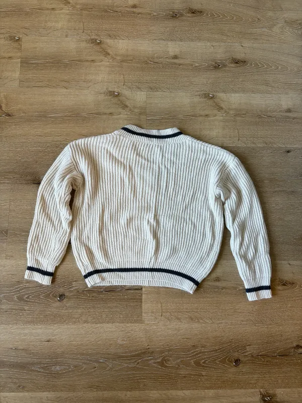 Cream Ribbed V Neck Sweater with Navy Blue Trim - Image 5