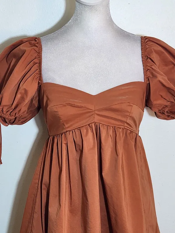 Olivaceous Terra Cotta Puffy Sleeve Mini Dress Size Small Wedding Guest Dress - Image 2
