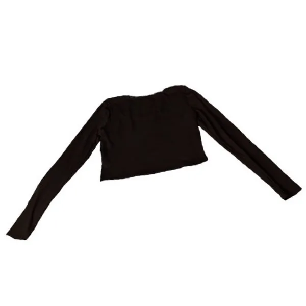 Black Crop Top Long Sleeve Size Large Bow Neck Lace Square Neck Ribbed Feminine - Image 3