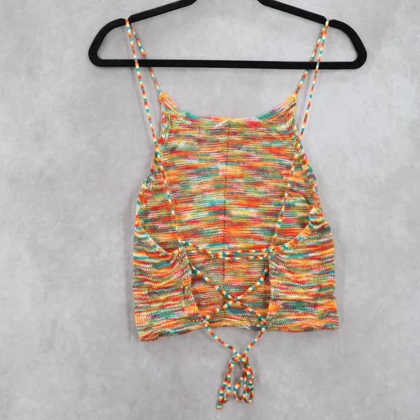 Orange Knit Multicolor Open Back Crop Tie Boho Stretch Y2K‎ VTG Top M Medium - Image 2