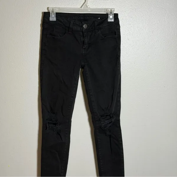 American‎ Eagle Women Denim Black Distressed Jegging Jeans Next Level Stretch 4 - Image 2