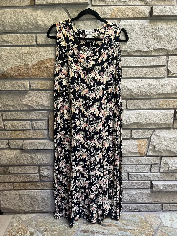 Vintage April Cornell Floral V-Neck Sleeveless Maxi Dress Black/Pink Medium - Image 2