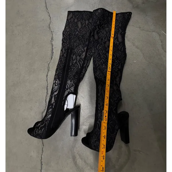 Bamboo Black Floral Lace Thigh High Peep Toe Block Heel Boots Size 7 EU 37 - Image 2