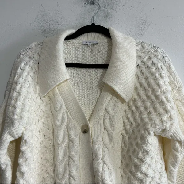 Parker Johnny Collar Cable Knit Cardigan Antique White Small Preppy Fisherman - Image 5