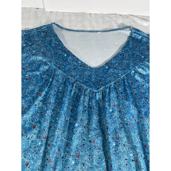Women's Blue Floral V-Neck Short Sleeve Knit Sleepwear Top Polyester/Spandex 5XL - Image 4