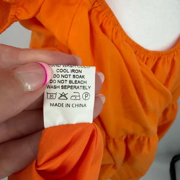 OWNGIGI Mini Dress Women XL Orange Excellent Tiered Puff Sleeve Tie Back Cotton - Image 7