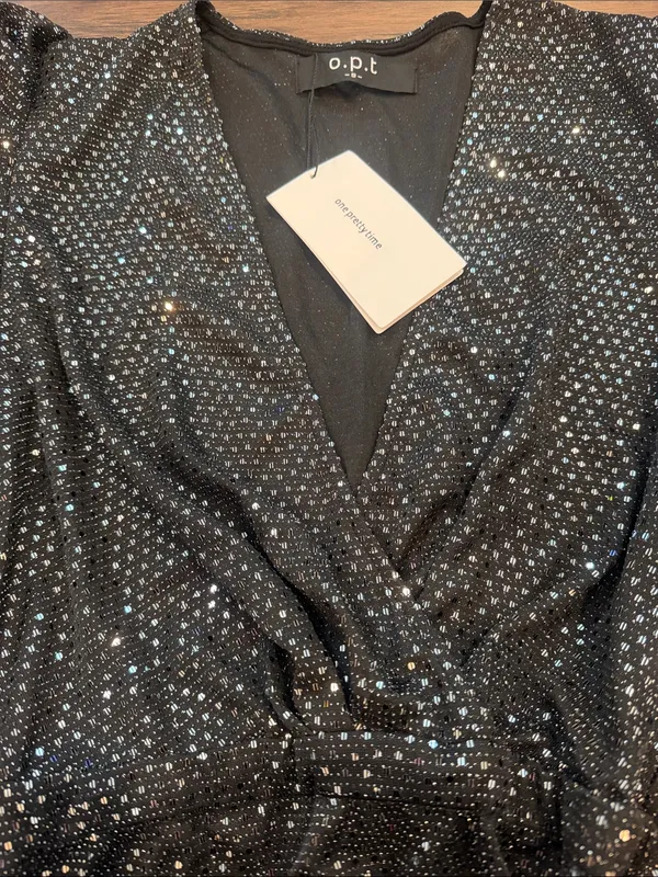 o.p.t Black Sparkle Long-Sleeve Wrap Mini Dress Size Small NWT - C61-025 - Image 4