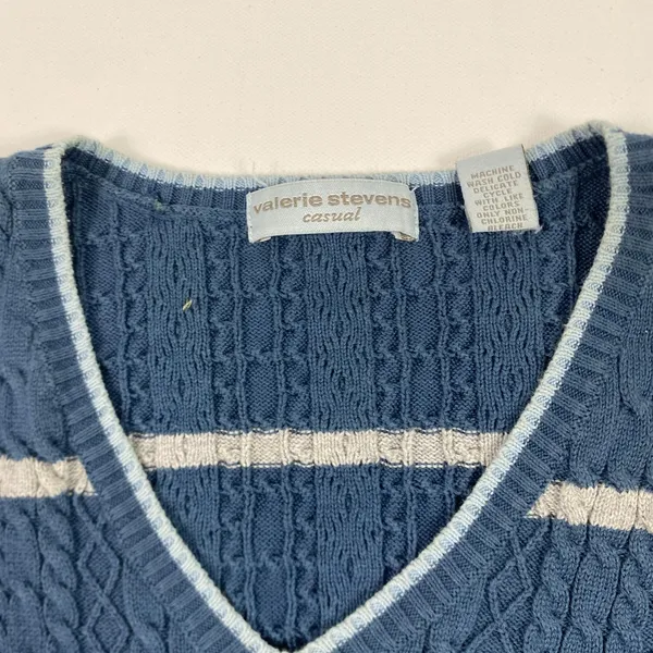 Valerie Stevens Sweater Womens Medium Blue Striped Cable Knit V Neck‎ Cotton - Image 4