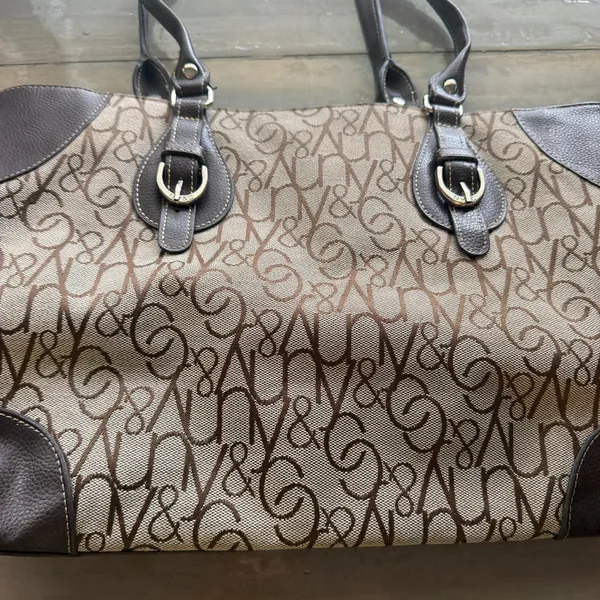 New York & Company Tan Brown Monogram Print Shoulder Tote Bag Purse - Image 10
