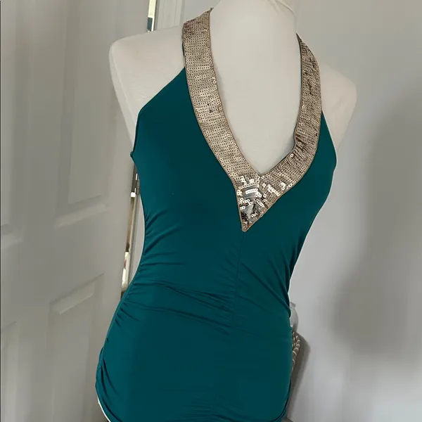 Stunning Teal Blue Y2K Halter Top with Gold Sequins - Image 3