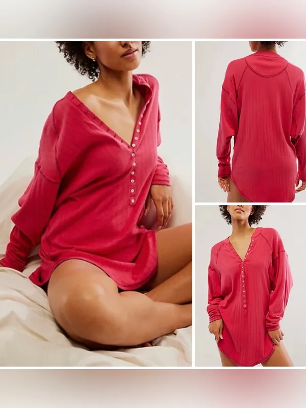 NWOT Free People FP Intimately Coffee Chat Pullover - raspberry wine pink - M - Image 2