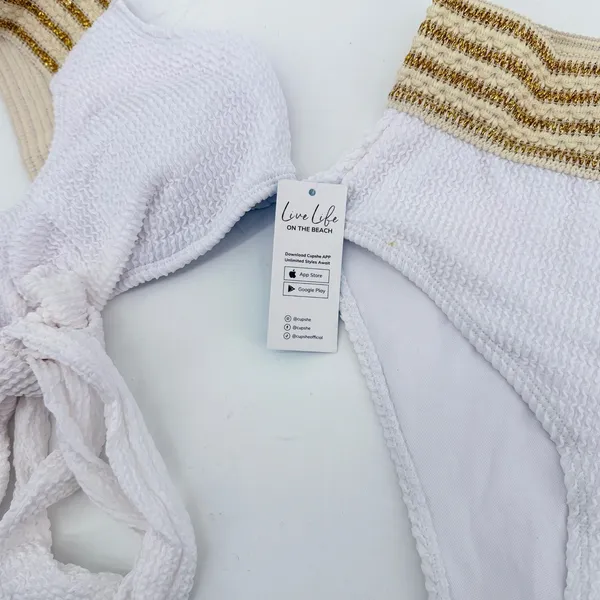 CUPSHE Womens White Smocked Bikini Set Gold Metallic Striped Trim‎ size Med New - Image 5
