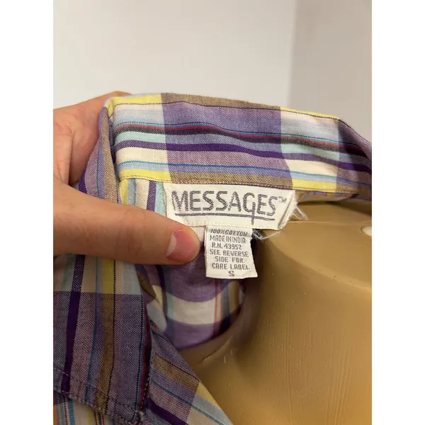 Messages Womens Purple Yellow Plaid Cotton Short Sleeve Button Down Shirt Small - Image 6