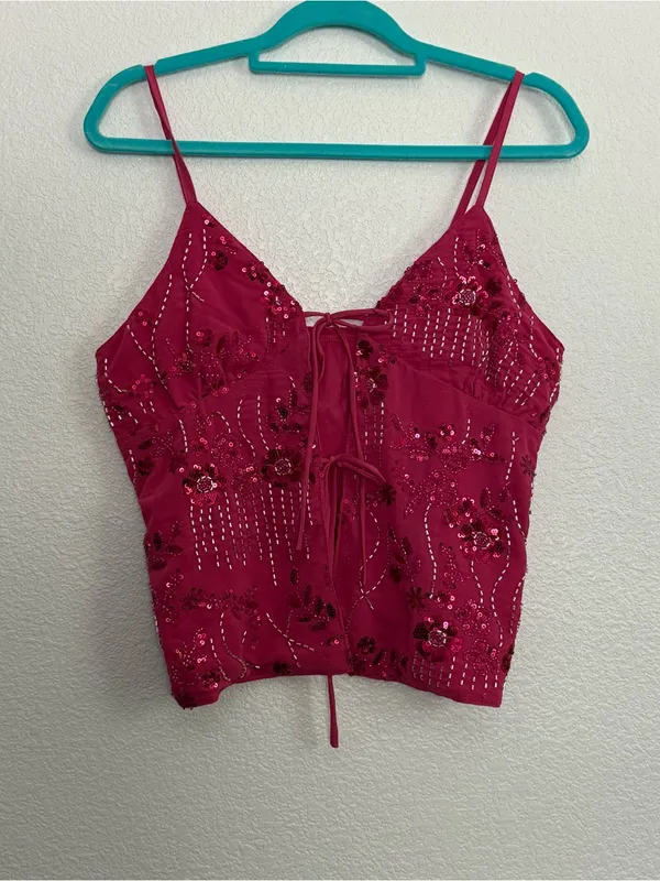 New 2000s Y2k Style Pink Sequin Beaded Tie Front Top Medium - Image 2