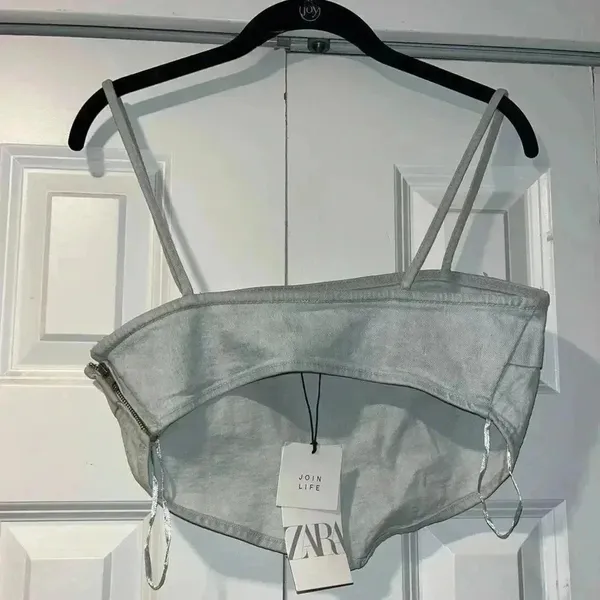 ZARA Minimalist Light Gray Cotton Crop Top Bustier Summer Tank Denim, Crop A37‎ - Image 4