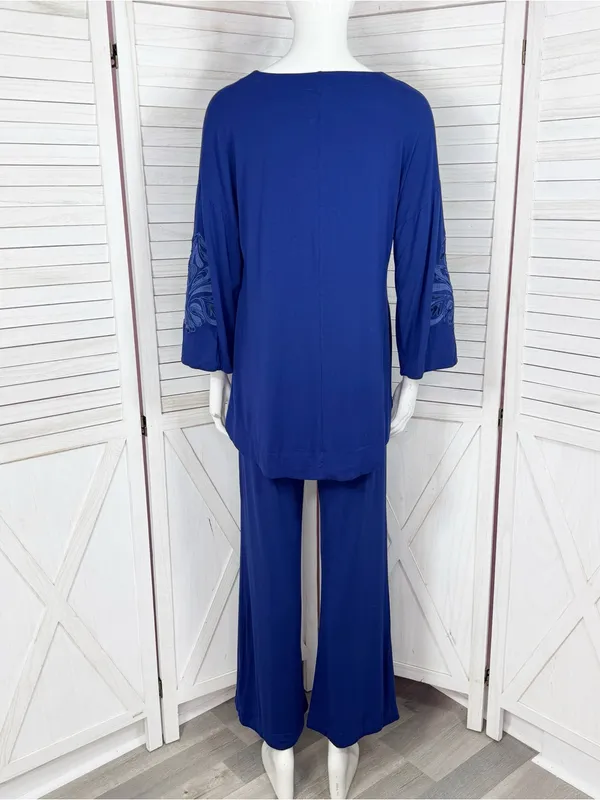 Soft‎ & Cozy Loungewear Embroidered Sleeve Wide Leg Pants Set Blue Small - Image 4