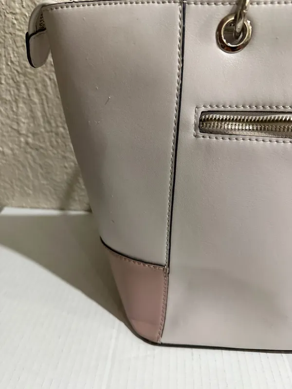 Guess Blush & Cream Colorblock Tote Bag Gold Logo Charm Pom Pom Large - Image 14