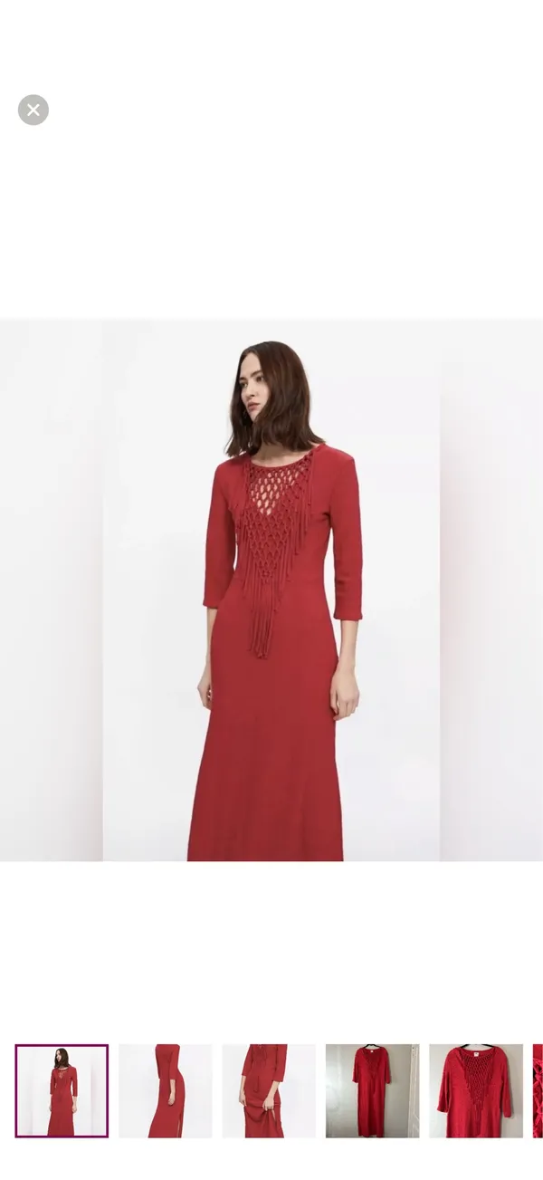 Zara Bright Red Fringe Knit Maxi Dress - Image 5