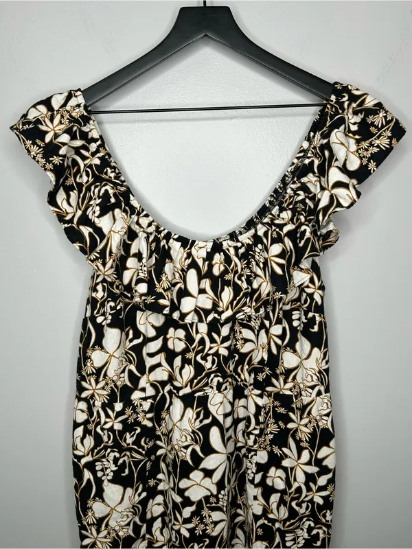 Ava & Viv Linen Blend Ruffle Top Black and Tan Floral Dress Size XXL - Image 5