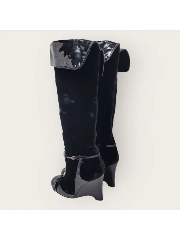 Laurence Dacade Velvet Patent Leather Bow Knee High Wedge Heels Boot Size 38 - Image 2