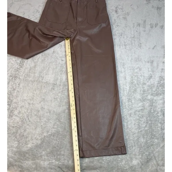 Anthropologie Wide-Leg Pants Brown Faux Leather Stretch Pockets Women's Tall 28T - Image 9