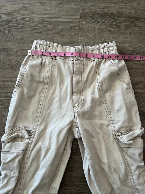 RSQ Wide Leg Baggy Pants Womens Medium Ecru Cargo Elastic Waist Cotton Utility - Image 11