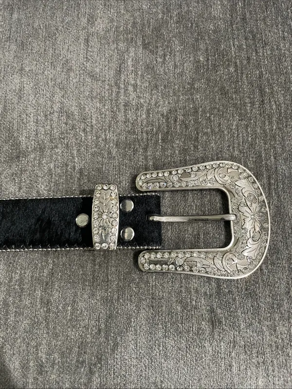 Western Leather Black Calf Hair Studded Rhinestone Embellished Statement Belt - Image 2