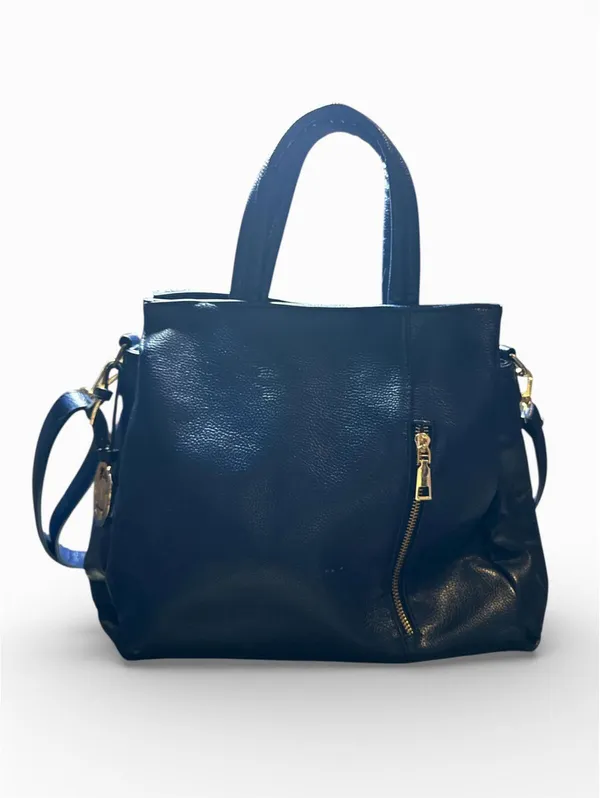 Navy Blue Faux Leather Tote Bag with Shoulder Strap - Image 2