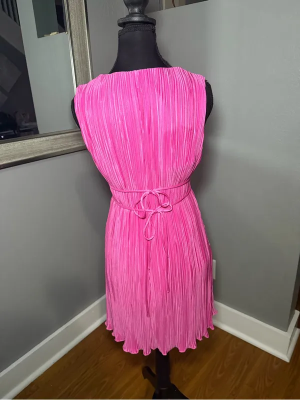 NWT Hello Molly Seen In plisse pleated textured tie pink Barbie mini dress small - Image 5