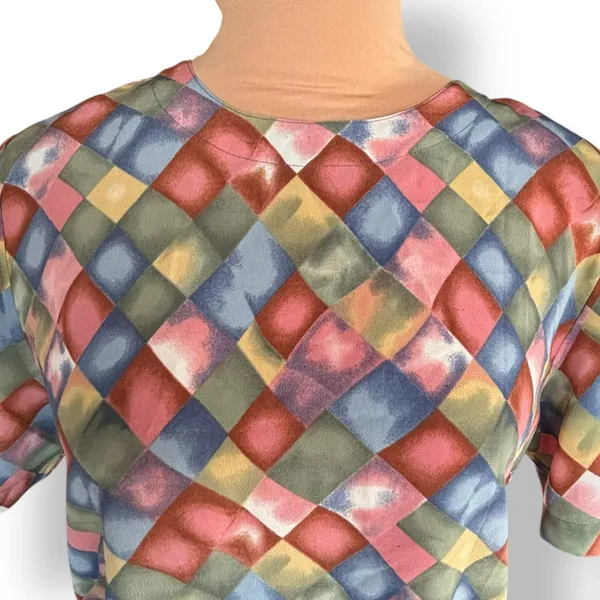 Vintage Blouse Harlequin Checkered Print Padded Shoulders Pastel Color‎ Diamond - Image 3