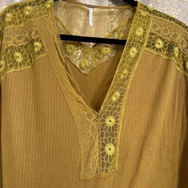 Free People Lola Mustard Golden Yellow Mesh Sheer Long Sleeve Top XS - Image 4