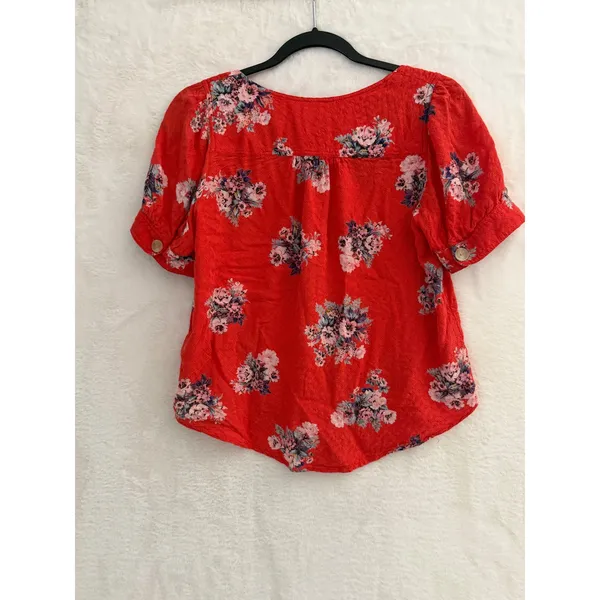 Maeve Anthropologie Red Floral Button Front Puff Sleeve Blouse‎ Top Size 2 - Image 5