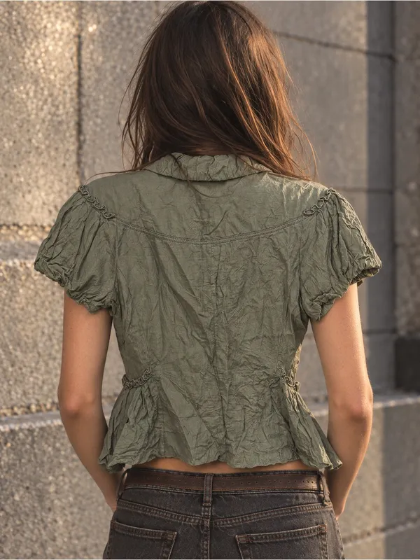 Max Studio Olive Green Silk Blend Peplum Blouse Size 6 M Y2K Boho - Image 2