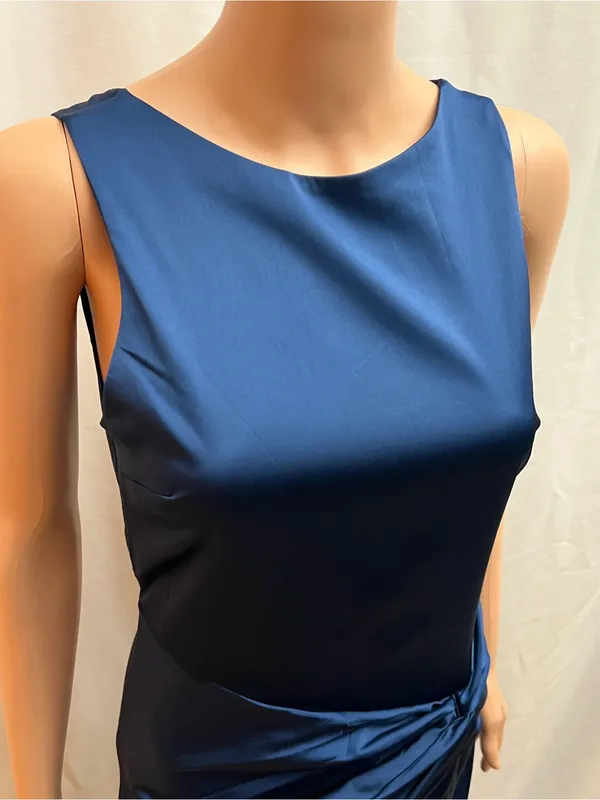 Abercrombie & Fitch Navy Satin Maxi Dress Open Back Ruched Slit Size S Tall - Image 6