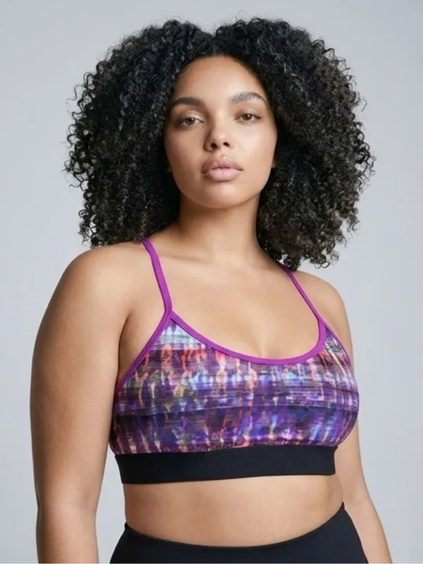 Alo Yoga racerback Spark sports bra featuring a purple abstract print - Image 6