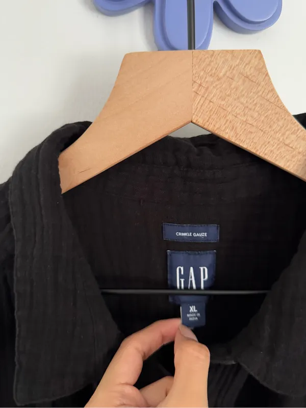Gap XL Crinkle Gauze Short Sleeve Shirt Black Relaxed Minimal Beach - Image 4