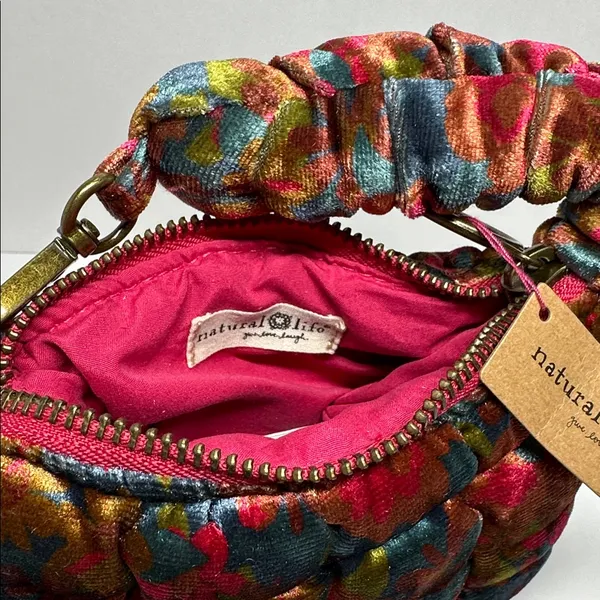 Natural Life Puffy Mini Clip-On Pouch - Teal Pink Floral Velvet - #1050 - Image 3
