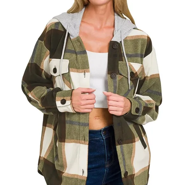 Zenana Plaid‎ Drawstring Hooded Fleece Shacket - Image 2