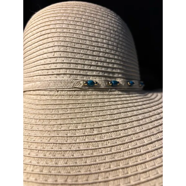 Woven Paper Straw Sun Hat Turquoise Bead Accent Split‎ Back Wide Brim Tan OSFM - Image 5
