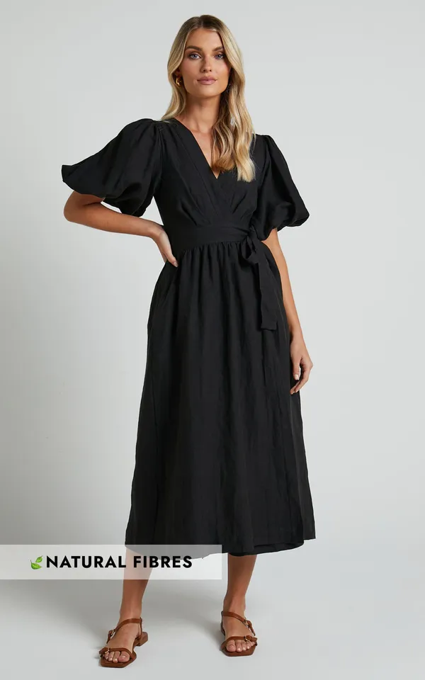New SHOWPO Amalie The Label - Franc 100% Linen Puff Sleeve Wrap Midi Dress XL - Image 6