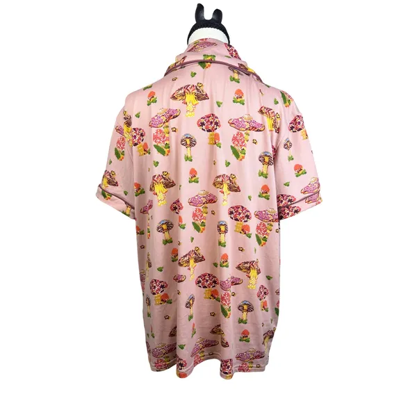 Haute Dreamz Mushroom Print PJ Top XL Pink Button Down Short Sleeve Sleepwear - Image 3