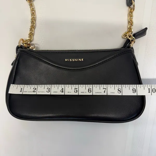 Missnine Black Shoulder Bag Mini Baguette Purse Vegan Leather Gold Chain Zip NEW - Image 6