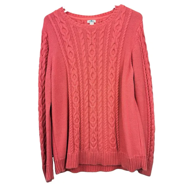 LL Bean Coral Double L Mixed Cable Cotton Crew Neck Pullover Sweater Size XL - Image 3