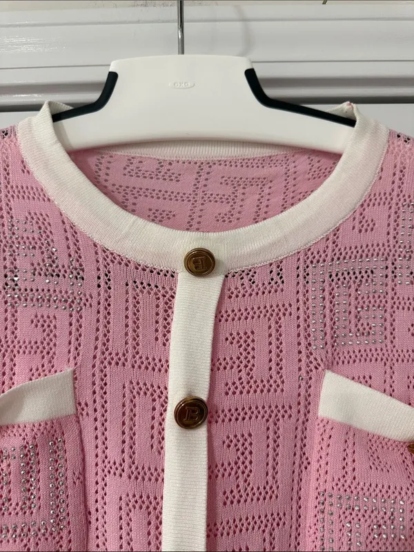 Women’s Pink Short-Sleeve Knit Cardigan with White Trim Gold Buttons - Image 2
